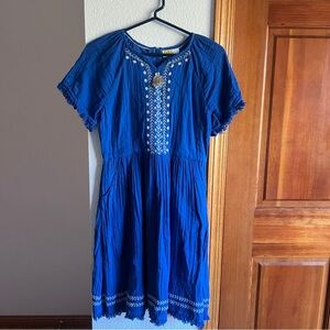 Boden Girls Embroidered Dress Blue Cotton Tassel Fringe Hem Size 15–16Y